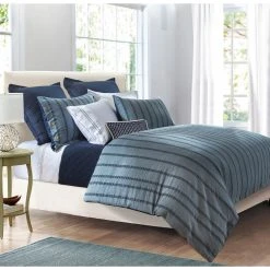 Budget ⭐ HiEnd Accents 3 Pc Harper Stripe Duvet Set, Super Queen Blue ⭐