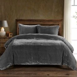 Promo ???? HiEnd Accents Stella Faux Silk Velvet Duvet Cover Set, 3PC Stone ✨ -HiEnd Accents shop 3PC Stella Silk Velvet Duvet Set 4