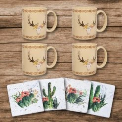 Brand new ???? HiEnd Accents Desert Skull Bohemian Mug And Cactus Blooms Coaster 8-PC Set ????