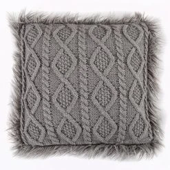 Deals ⭐ HiEnd Accents Nordic Cable Knit Pillow With Faux Mongolian Fur Trim, 18x18 Grey ????