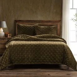 Promo ???? HiEnd Accents Stella Faux Silk Velvet Quilt, 1PC Green Ochre ???? -HiEnd Accents shop HiEnd Accents Stella Faux Silk Velvet Quilt2C 1PC 9